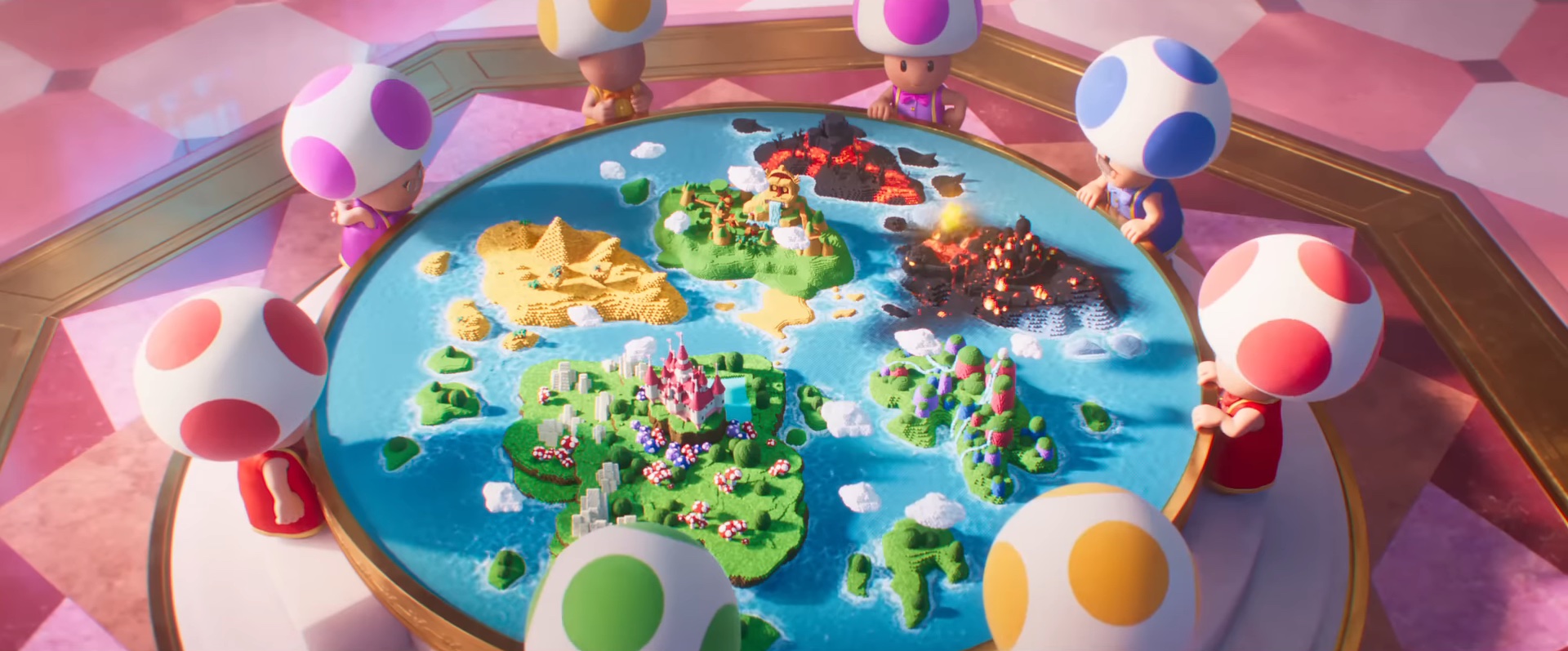 Sapos olhando para um mapa no filme Super Mario Bros. 