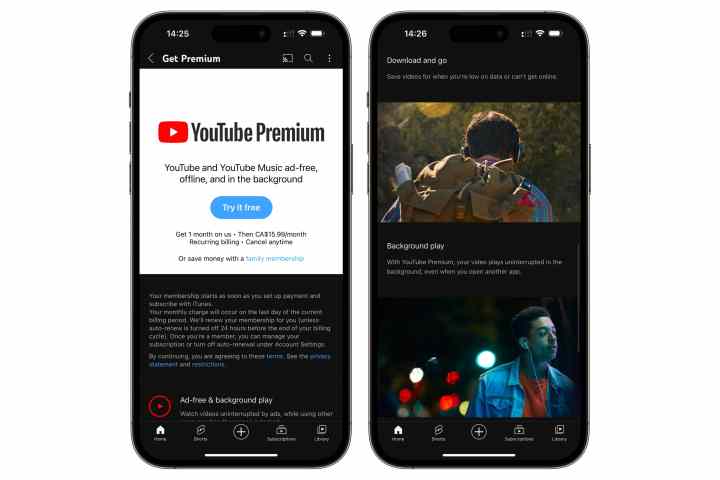 Dua iPhone menunjukkan pendaftaran YouTube Premium. 