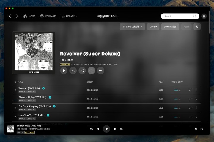 Amazon Music Unlimited showing The Beatles' Revolver (2022 Mix) in Ultra HD.