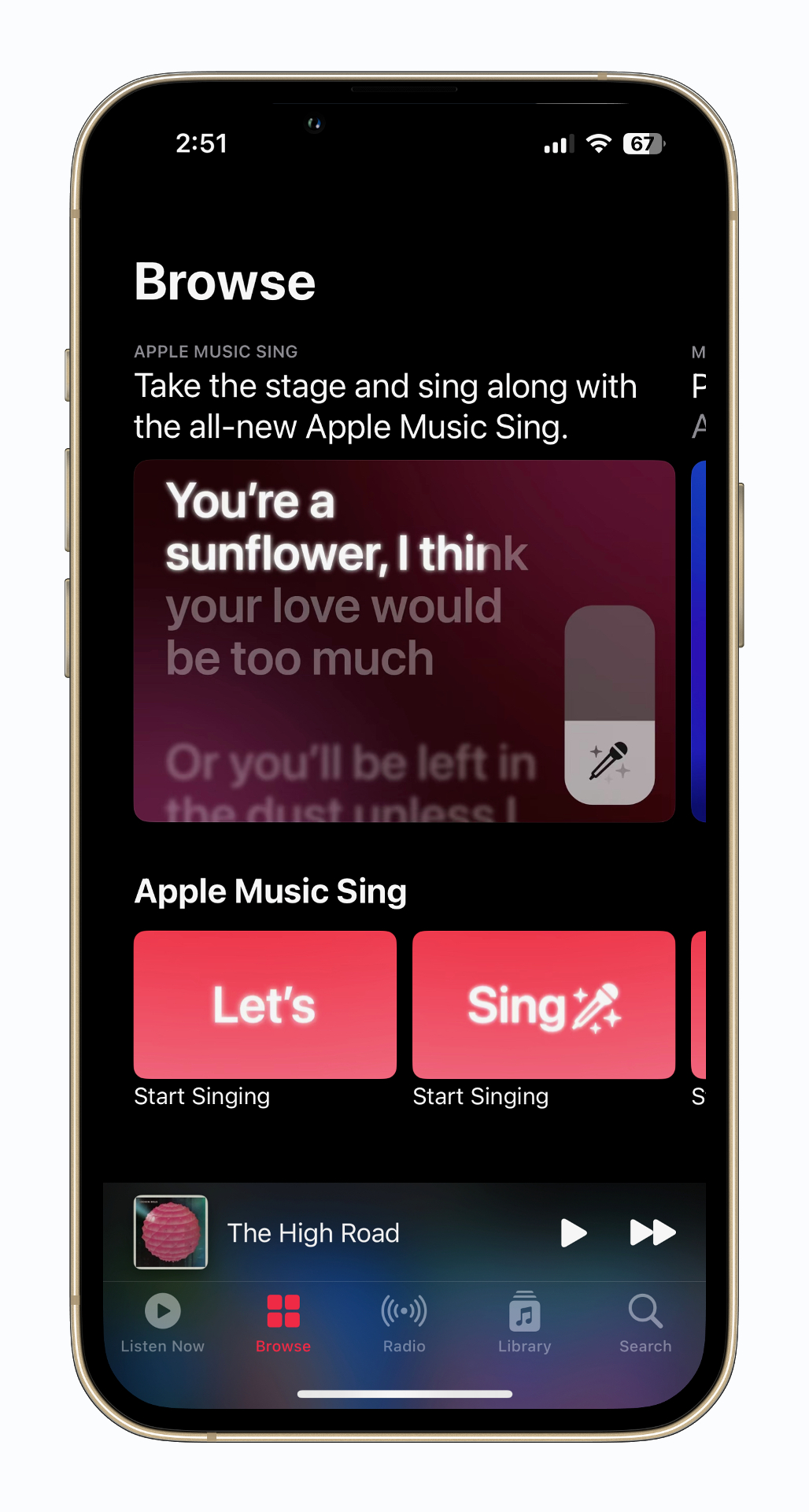 تب Browse Apple Music آهنگ‌های سازگار با Sing را نشان می‌دهد.