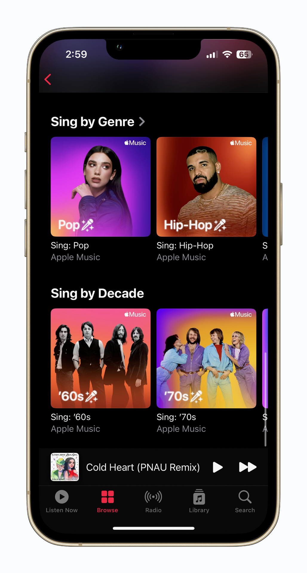 Apple Music Sing's song categories.