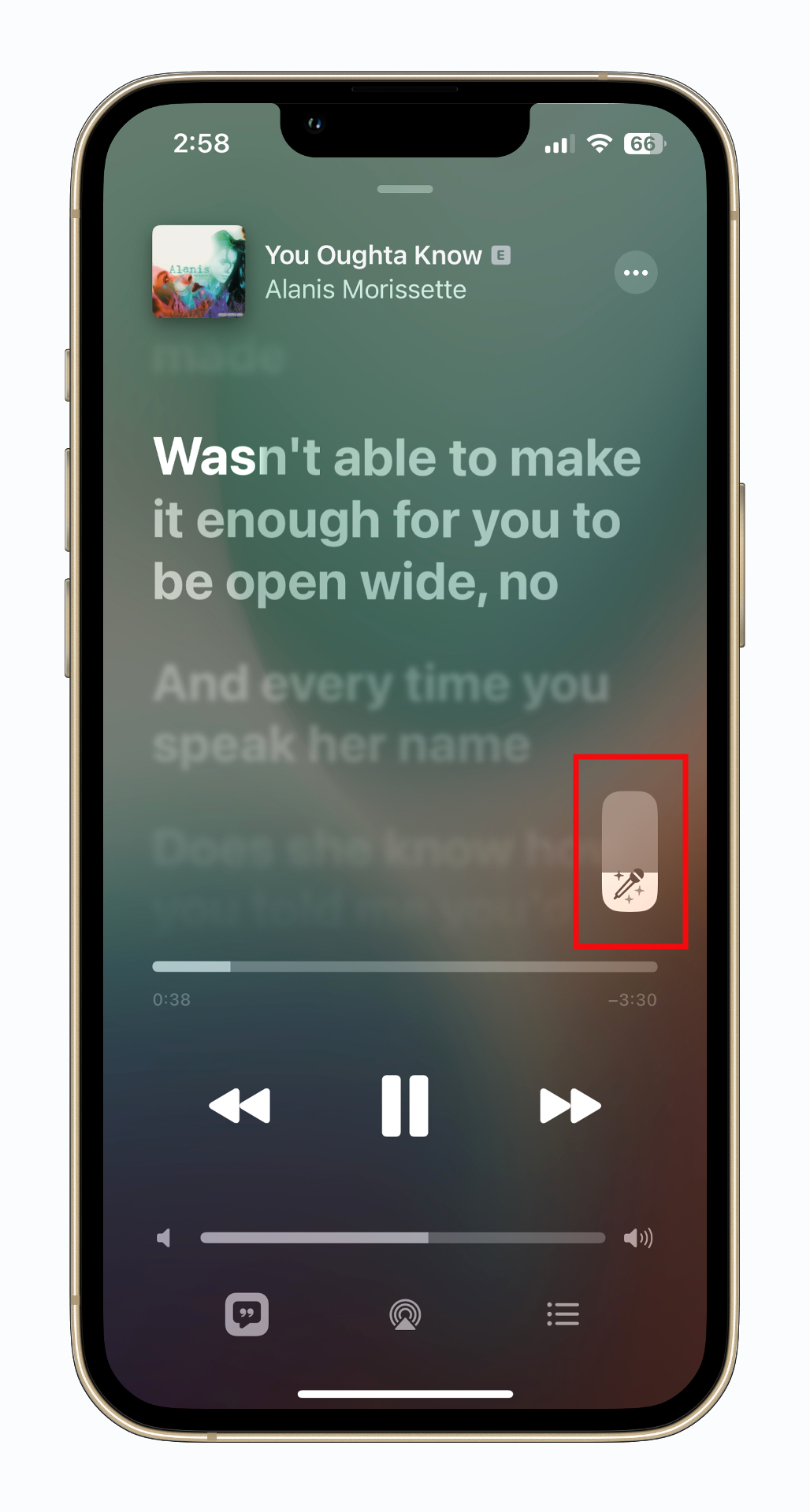 The volume slider in the Apple Music Sing app.
