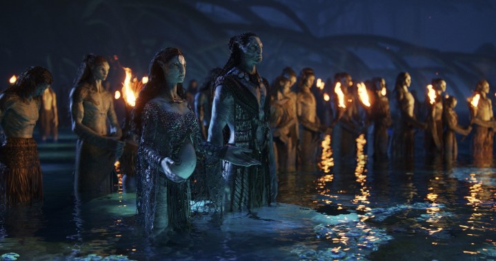 A crowd of Na'vi stand in the water in a scene from Avatar: The Way of Water.