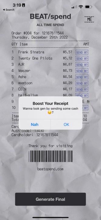 Beatspend receipt for a Spotify account.