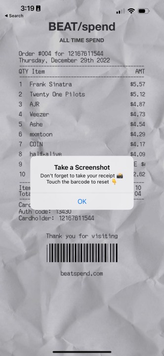 Beatspend receipt for a Spotify account.