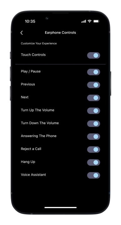 Schermata di controllo dell'app iOS Campfire Audio Orbit.