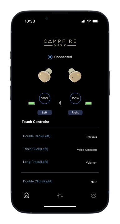 Écran d'accueil de l'application iOS Campfire Audio Orbit.