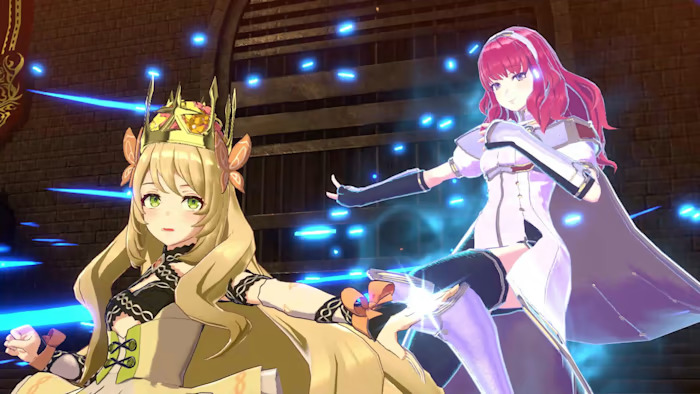 A character stands with her ring hero in Fire Emblem Engage.