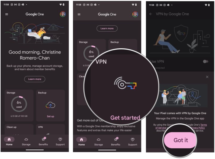 Abra la aplicación Google One en Pixel 7, desplácese hacia abajo hasta VPN, seleccione VPN