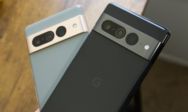Two Google Pixel 7 Pro smartphones.
