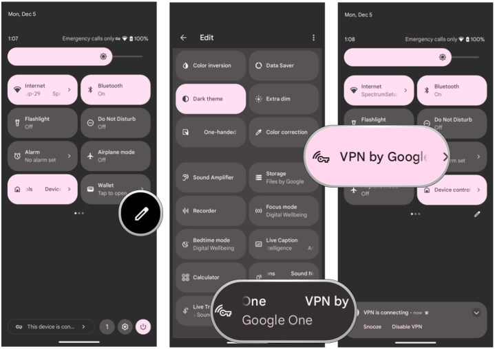 Agregue Google One VPN a Configuración rápida mostrando Configuración rápida, seleccione Editar, arrastre VPN hacia arriba, seleccione Bloquear VPN para habilitar y deshabilitar