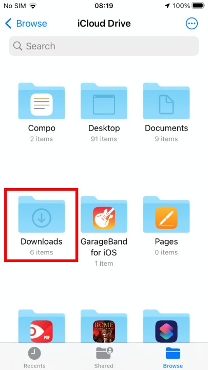 The Downloads folder in Files is highlighted with a red box.