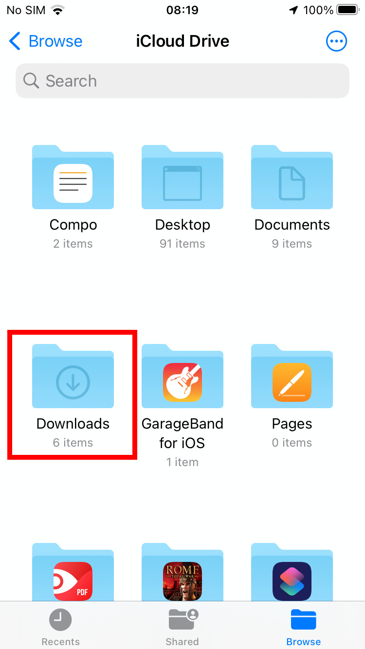 پوشه Downloads در Files با کادر قرمز مشخص شده است.