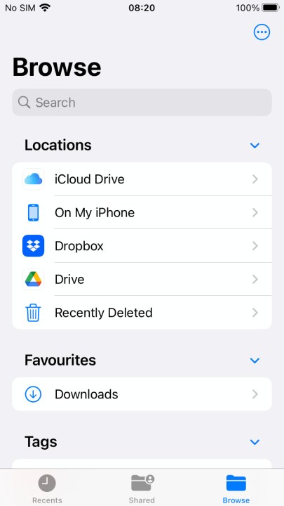 Layar Telusuri di aplikasi File iPhone.