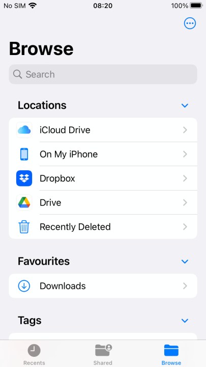 The Browse screen in the iPhone Files app.