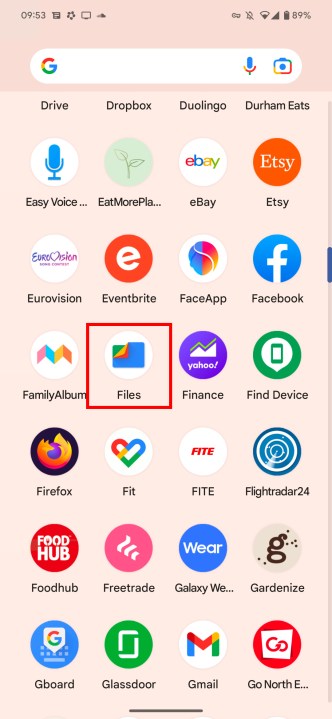 Google's Files app on the app drawer.