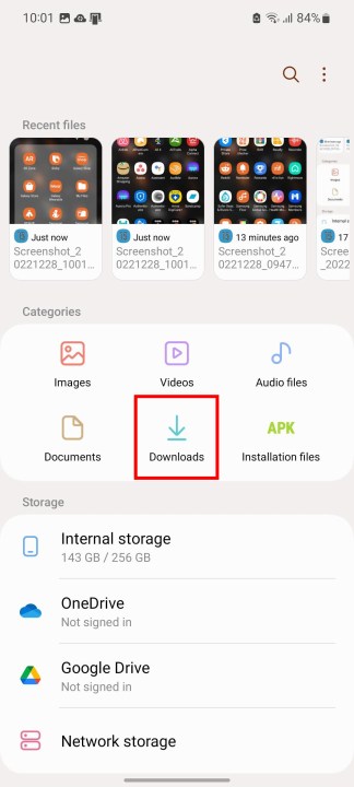 The Samsung My Files app. Downloads is highlighted.
