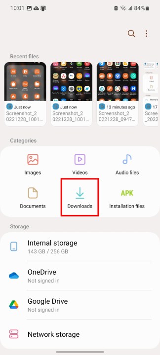 برنامه Samsung My Files.  دانلودها برجسته شده اند.