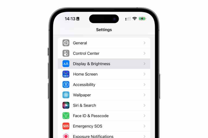 Display and brightness settings on iPhone 14 Pro.