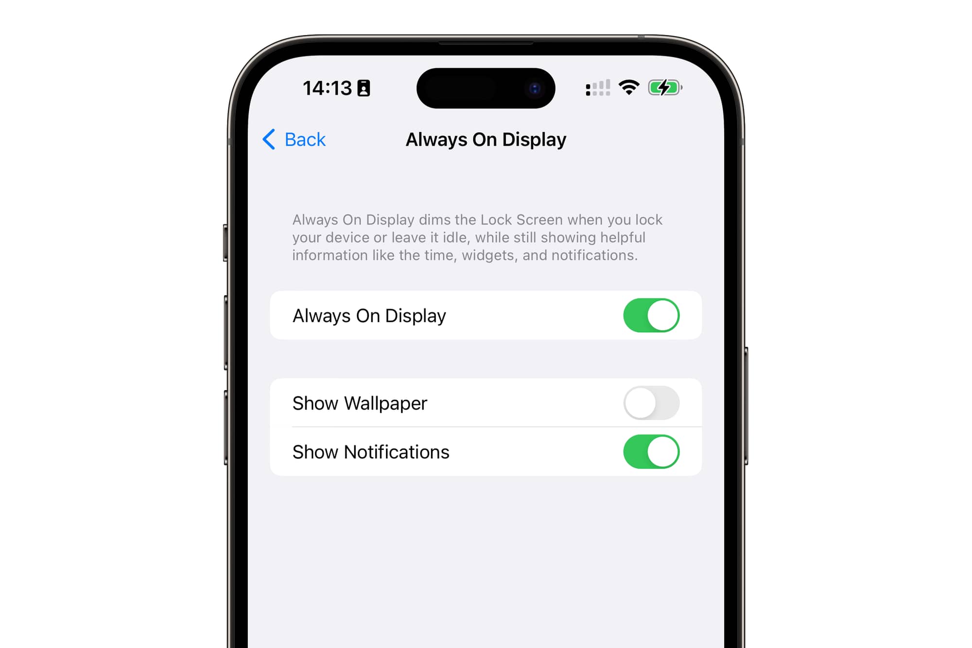 Always on display setting to disable wallpaper on iPhone 14 Pro.