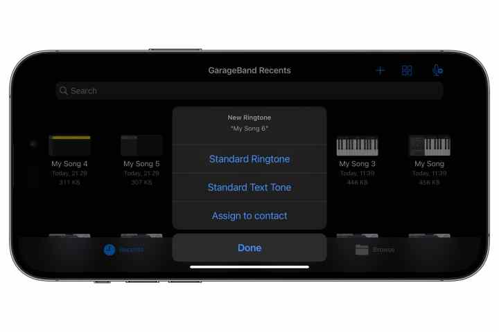 Assigning a new ringtone from GarageBand on an iPhone.