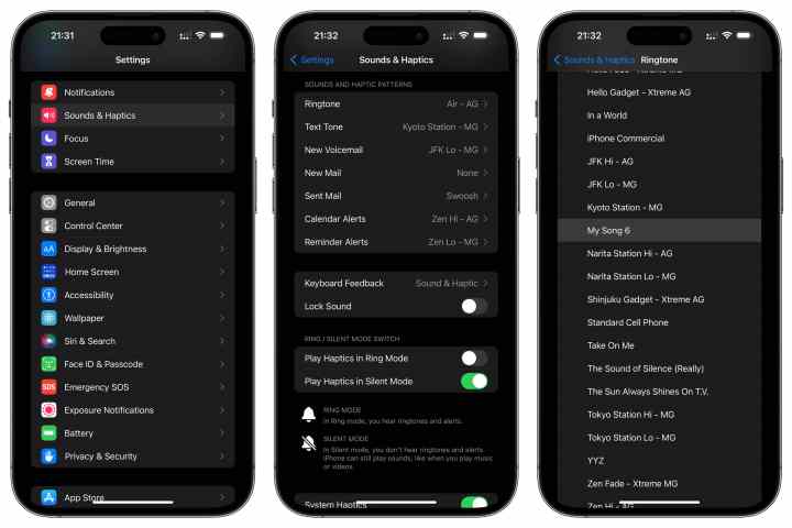 Three iPhones showing how to find and select a custom ringtone.