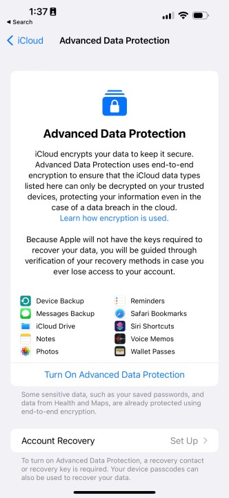Configurando a proteção avançada de dados em um iPhone com iOS 16.2.