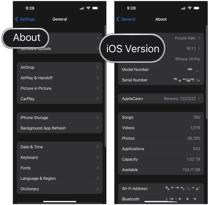 iOS 16 select About, then check iOS version
