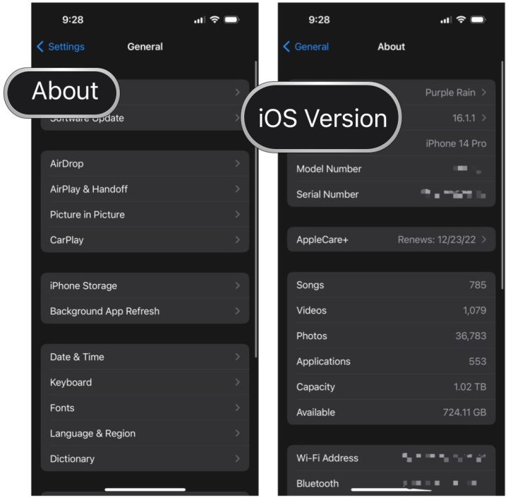 iOS 16 seleccione Acerca de, luego verifique la versión de iOS