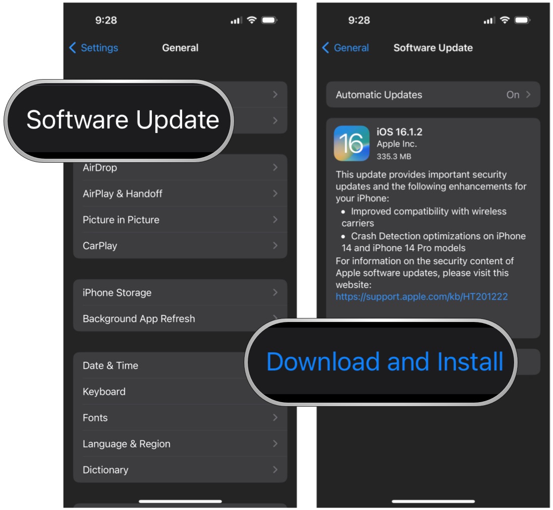 iOS 16 Settings, select General, select software update