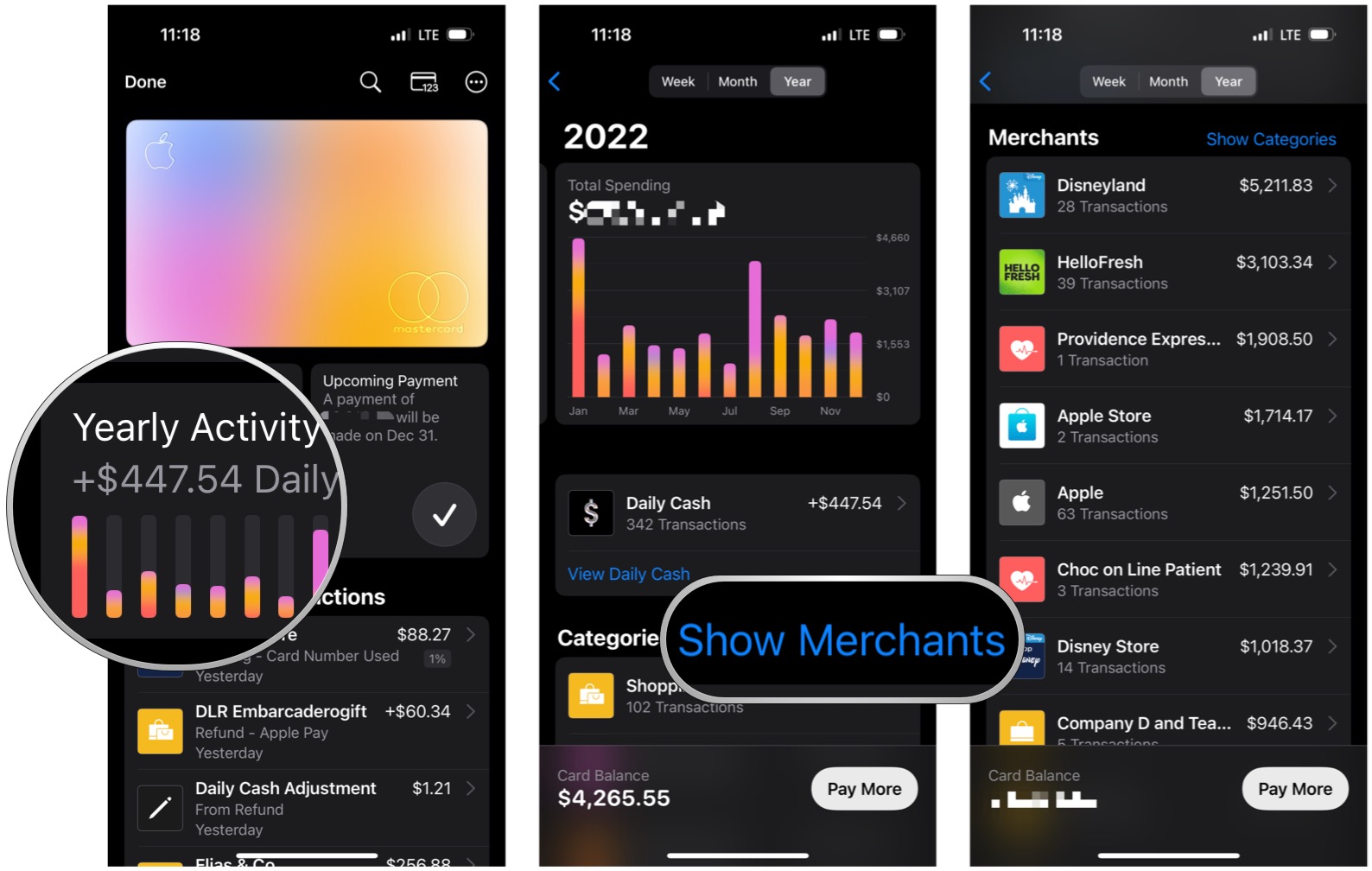 En la aplicación Wallet en iPhone, seleccione Apple Card, seleccione el mosaico Actividad semanal/mensual/anual, seleccione Mostrar comerciantes
