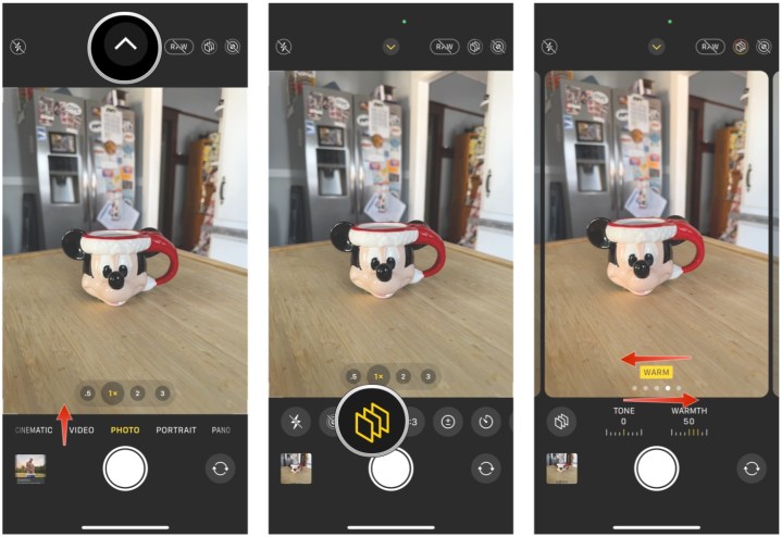 In the Camera app, select the arrow at the top or swipe up to bring up additional controls, select Photographic styles, swipe between styles and use sliders to adjust tone and warmth for each