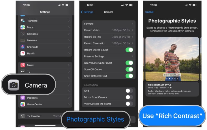 iOS 16 Settings, select Camera, select Photographic Styles, swipe to your choice, select Use Style