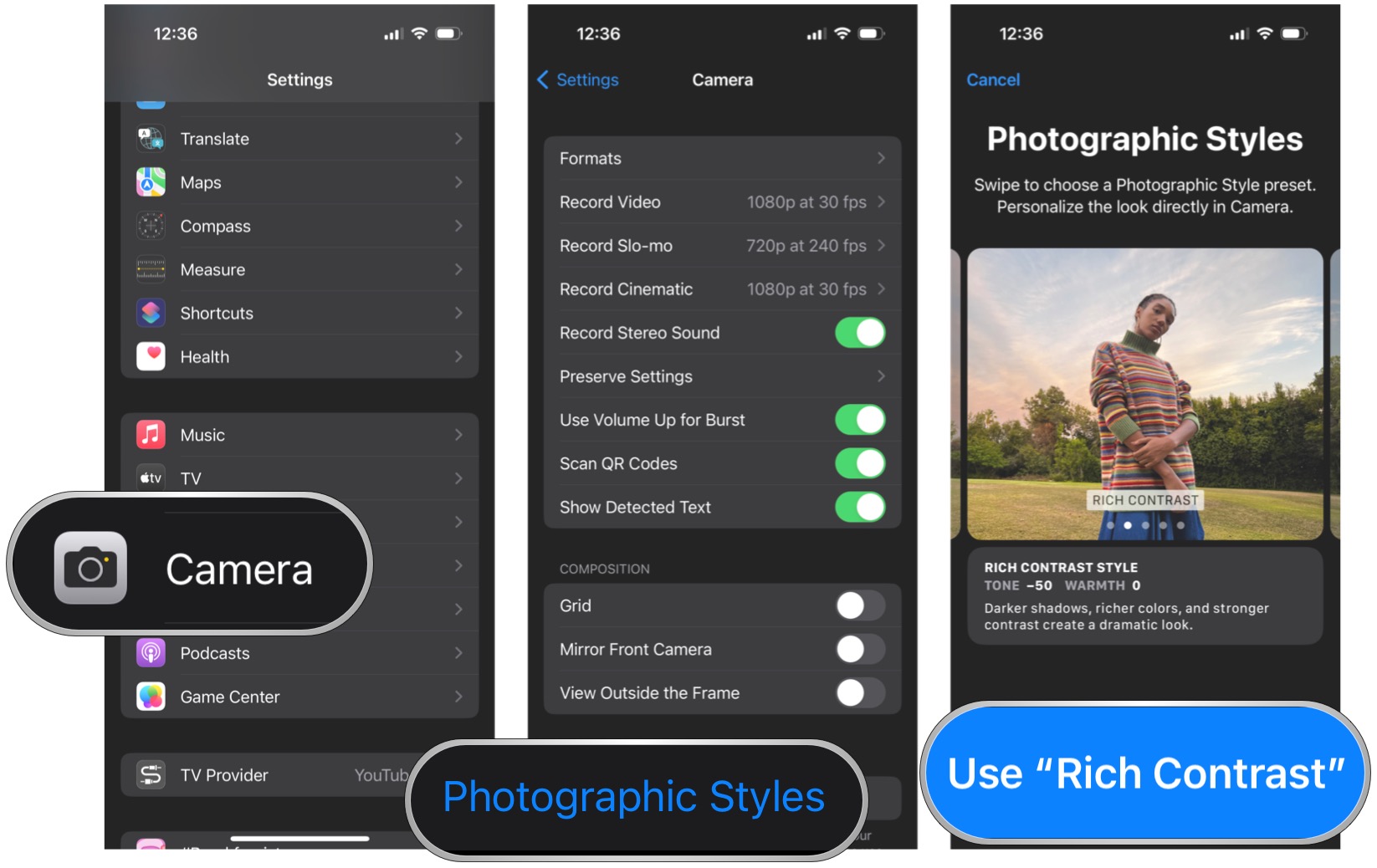 تنظیمات iOS 16، Camera را انتخاب کنید، Photo Styles را انتخاب کنید، انگشت خود را به انتخاب خود بکشید، Use Style را انتخاب کنید.