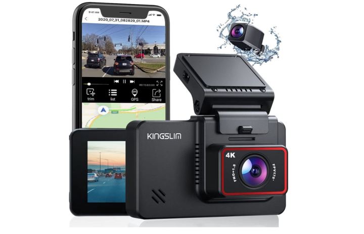 Kingslim dash cam and a phone showing the app.