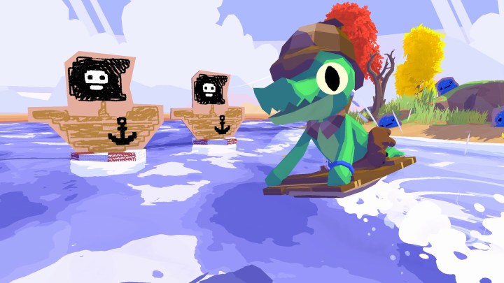 An alligator sails on a piece of wood in the Lil Gator game.