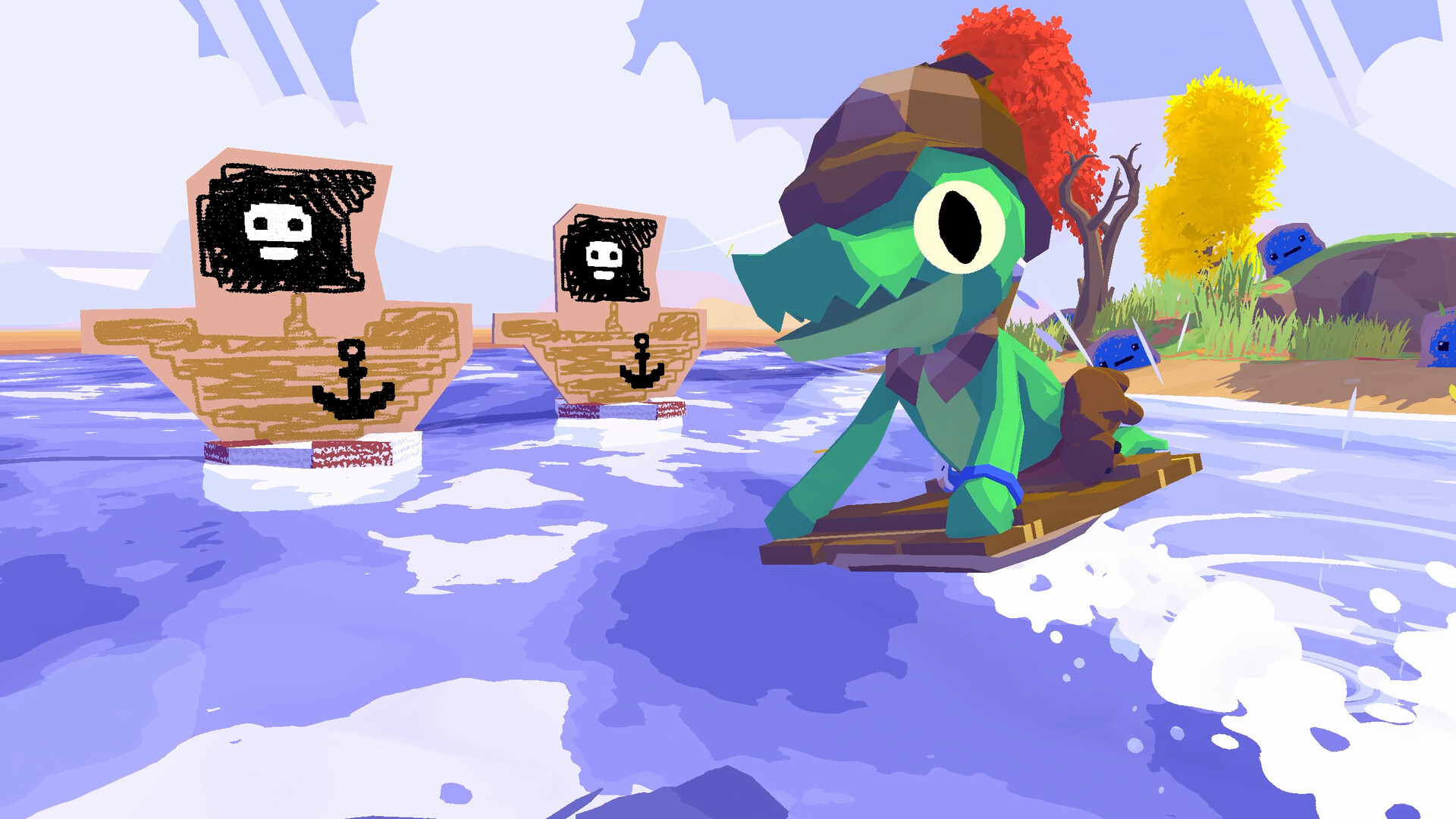 Um jacaré navega em um pedaço de madeira no Lil Gator Game.