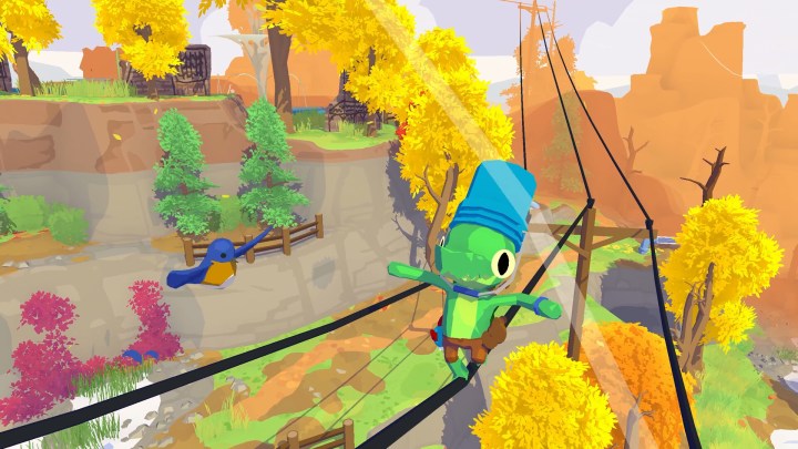An alligator tightrope walks on telephone lines in Lil Gator Game.