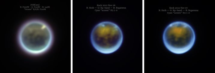 Imágenes en el infrarrojo cercano de la luna Titán de Saturno, vista por JWST el 4 de noviembre de 2022 (izquierda), seguida del instrumento NIRC2 del Observatorio Keck emparejado con óptica adaptativa el 6 de noviembre de 2022 (centro) y el 7 de noviembre de 2022 (derecha).