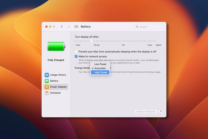 macOS Ventura has options to extend battery life or maximize performance