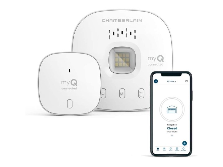 The myQ Chamberlain smart garage control system in white.