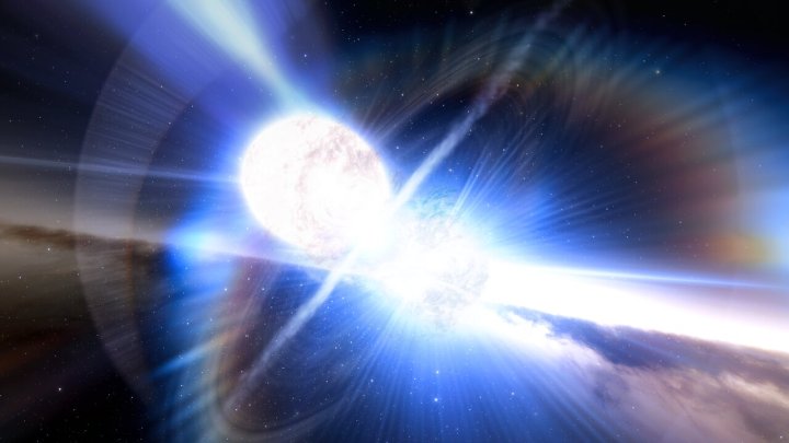 Impresión artística de una kilonova producida por dos estrellas de neutrones en colisión. 