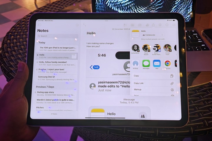 Share sheet for sharing a Notes document for collaboration in iPadOS 16.