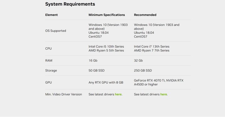 System requirements for the Nvidia Omniverse View app.