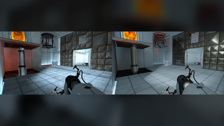 Portal RTX compared to Portal in a test chamber.