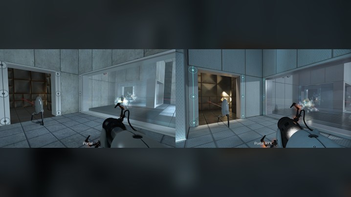 Portal RTX compared to Portal in a room with turrets.