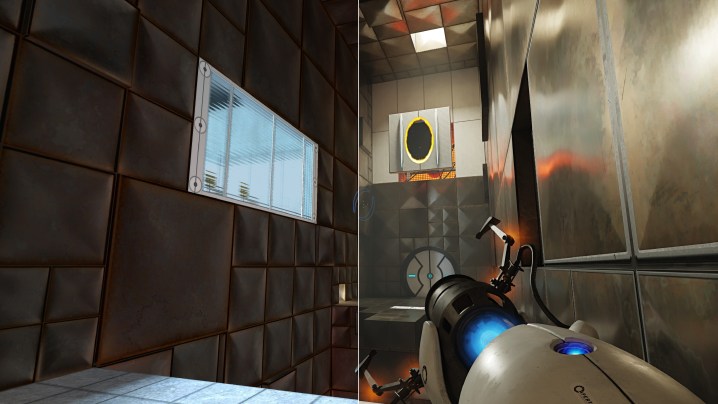 Portal RTX and Portal compared in a large open room.