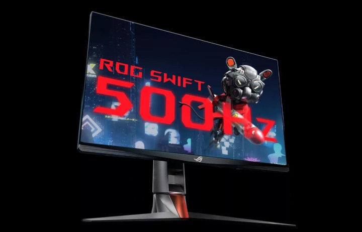 A ROG gaming monitor with "500Hz" on the screen.