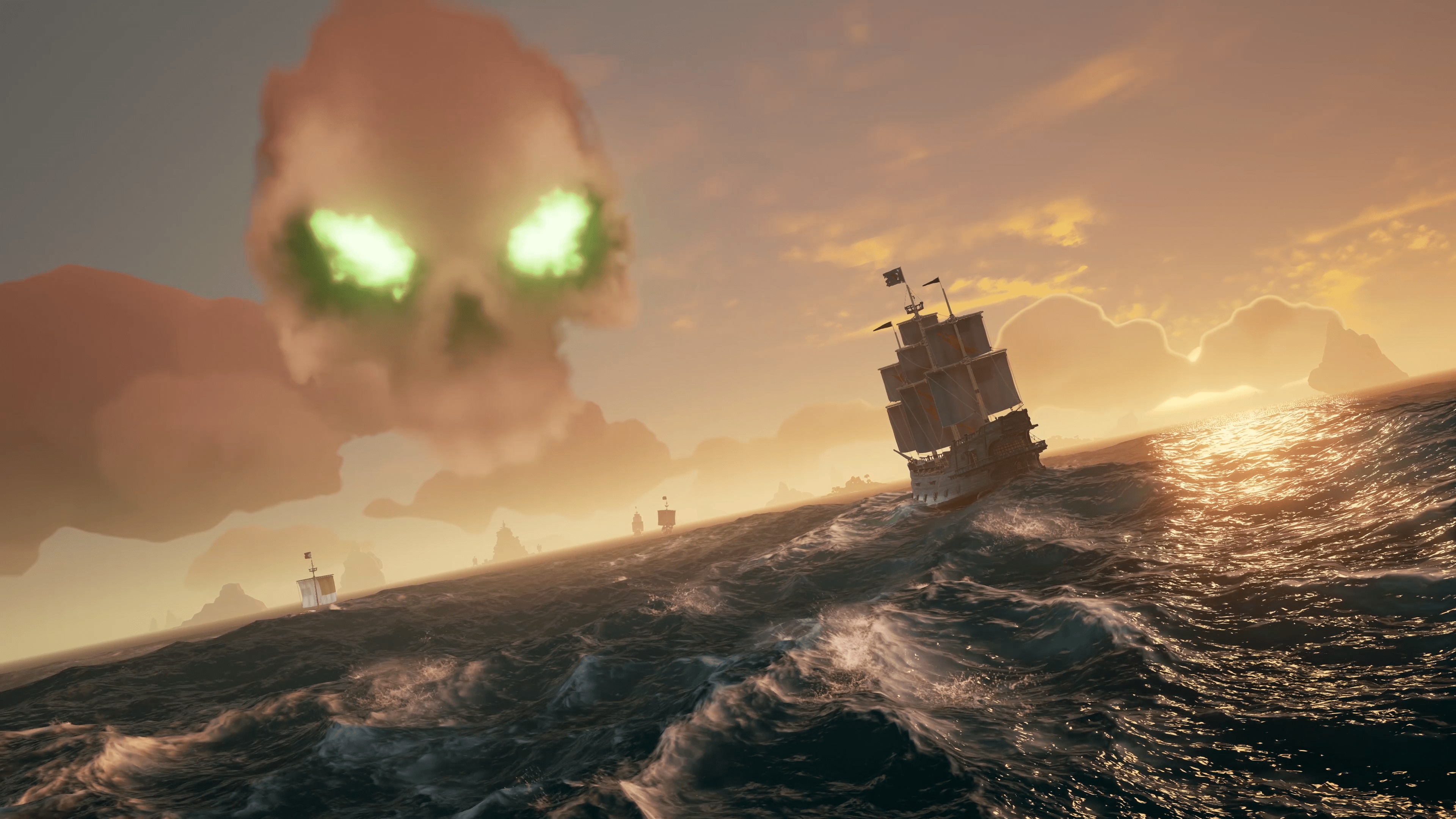 A boat sails on the ocean in Sea of Thieves.