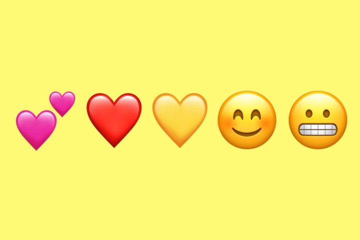 Snapchat emojis, including two pink hearts, a red heart, a gold heart, a smiling face, and a grimace face.